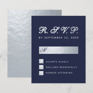 Budget RSVP Navy Blue Silver Script Wedding Card