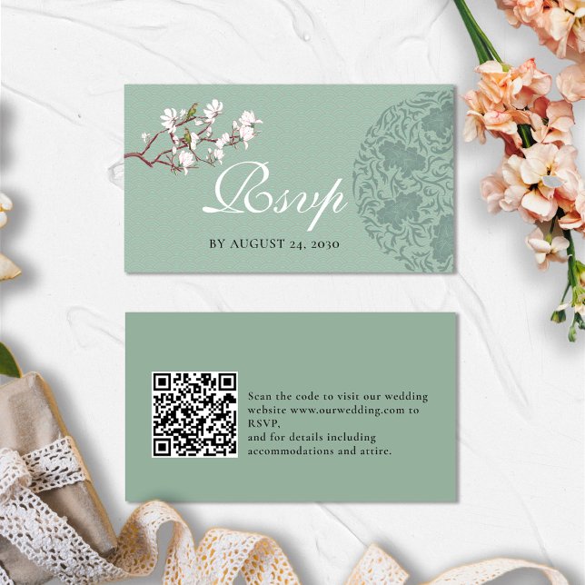 BUDGET RSVP QR Code Wedding Details Sage Green  Enclosure Card (Creator Uploaded)