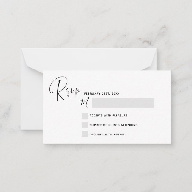 Budget RSVP Wedding Black White Script Note Card (Front)