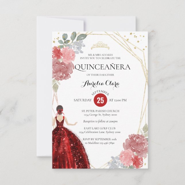 Budget Ruby Red Floral Geometric Quinceañera Card (Front)