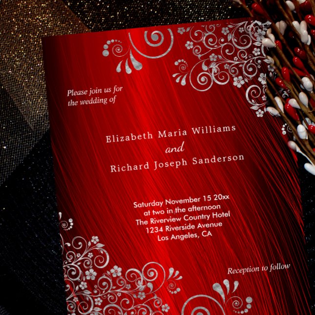 Budget Ruby Red Grey Swirls Wedding Invitation (Creator Uploaded)