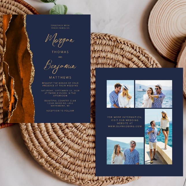 Budget Rust Agate Navy Blue 4 Photo Wedding Invite (Creator Uploaded)