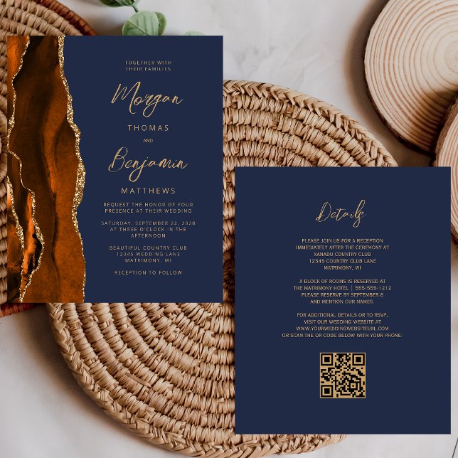 Budget Rust Agate Navy Blue QR Code Wedding Invite (Creator Uploaded)