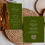 Budget Rust Agate Olive QR Code Wedding Invite<br><div class="desc">Save the cost of printing and mailing separate RSVP cards with this elegant modern all-in-one budget wedding invitation. The left-hand edge features a burnt orange and rust watercolor agate border trimmed with gold faux glitter. The customisable text combines handwriting, copperplate and italic fonts on an olive green background. The reverse...</div>