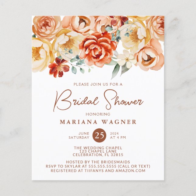 Budget Rust Beige Romantic Floral Bridal Shower (Front)