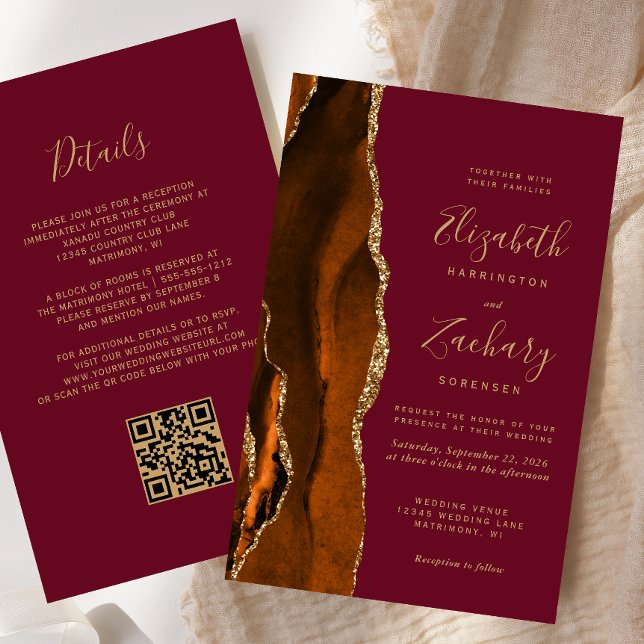 Budget Rust Gold Agate Burgundy QR Code Wedding (Creator Uploaded)
