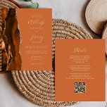 Budget Rust Gold Agate QR Code Wedding Invite<br><div class="desc">Save the cost of printing and mailing separate RSVP cards with this elegant modern all-in-one budget wedding invitation. The left-hand edge features a burnt orange and rust watercolor agate border trimmed with gold faux glitter. The customisable text combines pale gold-coloured handwriting, copperplate and italic fonts on a burnt orange background....</div>