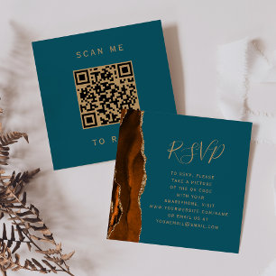 Budget Rust Gold Agate Teal Wedding QR Code RSVP Enclosure Card
