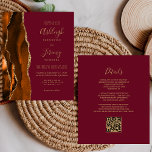 Budget Rust Gold Burgundy QR Code Wedding Invite<br><div class="desc">Save the cost of printing and mailing separate RSVP cards with this elegant modern all-in-one budget wedding invitation. The left-hand edge features a burnt orange and rust watercolor agate border trimmed with gold faux glitter. The customisable text combines gold-coloured handwriting, copperplate and italic fonts on a burgundy red background. The...</div>