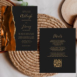 Budget Rust Gold Dark QR Code Wedding Invitation<br><div class="desc">Save the cost of printing and mailing separate RSVP cards with this elegant modern all-in-one budget wedding invitation. The left-hand edge features a burnt orange and rust watercolor agate border trimmed with gold faux glitter. The customisable text combines gold-coloured handwriting, copperplate and italic fonts on a slate black background. The...</div>