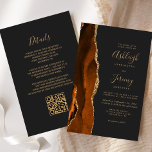 Budget Rust Gold Dark QR Code Wedding Invitation<br><div class="desc">Save the cost of printing and mailing separate RSVP cards with this elegant modern all-in-one budget wedding invitation. The left-hand edge features a burnt orange and rust watercolor agate border trimmed with gold faux glitter. The customisable text combines gold-coloured handwriting, copperplate and italic fonts on a slate black background. The...</div>