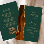 Budget Rust Gold Green QR Code Wedding Invitation<br><div class="desc">Save the cost of printing and mailing separate RSVP cards with this elegant modern all-in-one budget wedding invitation. The left-hand edge features a burnt orange and rust watercolor agate border trimmed with gold faux glitter. The customisable text combines gold-coloured handwriting, copperplate and italic fonts on an emerald green background. The...</div>