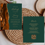 Budget Rust Gold Green QR Code Wedding Invitation<br><div class="desc">Save the cost of printing and mailing separate RSVP cards with this elegant modern all-in-one budget wedding invitation. The left-hand edge features a burnt orange and rust watercolor agate border trimmed with gold faux glitter. The customisable text combines gold-coloured handwriting, copperplate and italic fonts on an emerald green background. The...</div>