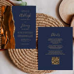 Budget Rust Gold Navy Blue QR Code Wedding Invite<br><div class="desc">Save the cost of printing and mailing separate RSVP cards with this elegant modern all-in-one budget wedding invitation. The left-hand edge features a burnt orange and rust watercolor agate border trimmed with gold faux glitter. The customisable text combines gold-coloured handwriting, copperplate and italic fonts on a navy blue background. The...</div>