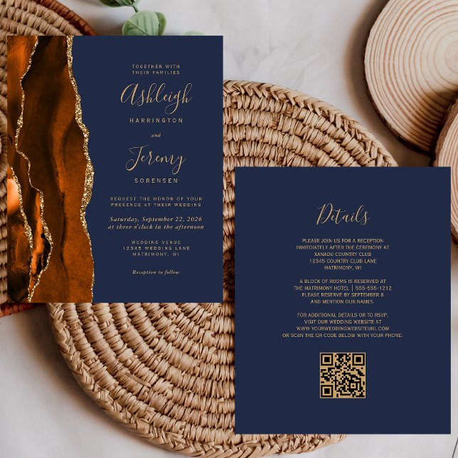 Budget Rust Gold Navy Blue QR Code Wedding Invite (Creator Uploaded)