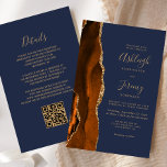 Budget Rust Gold Navy Blue QR Code Wedding Invite<br><div class="desc">Save the cost of printing and mailing separate RSVP cards with this elegant modern all-in-one budget wedding invitation. The left-hand edge features a burnt orange and rust watercolor agate border trimmed with gold faux glitter. The customisable text combines gold-coloured handwriting, copperplate and italic fonts on a navy blue background. The...</div>