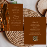 Budget Rust Gold Nutmeg QR Code Wedding Invitation<br><div class="desc">Save the cost of printing and mailing separate RSVP cards with this elegant modern all-in-one budget wedding invitation. The left-hand edge features a burnt orange and rust watercolor agate border trimmed with gold faux glitter. The customisable text combines gold-coloured handwriting, copperplate and italic fonts on a nutmeg brown background. The...</div>