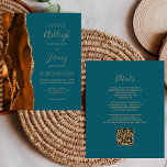 Budget Rust Gold Teal QR Code Wedding Invitation<br><div class="desc">Save the cost of printing and mailing separate RSVP cards with this elegant modern all-in-one budget wedding invitation. The left-hand edge features a burnt orange and rust watercolor agate border trimmed with gold faux glitter. The customisable text combines gold-coloured handwriting, copperplate and italic fonts on a teal blue background. The...</div>