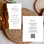 Budget Rust Gold White QR Code Wedding Invitation<br><div class="desc">Save the cost of printing and mailing separate RSVP cards with this elegant modern all-in-one budget wedding invitation. The left-hand edge features a burnt orange and rust watercolor agate border trimmed with gold faux glitter. The customisable text combines charcoal grey handwriting, copperplate and italic fonts on a white background. The...</div>