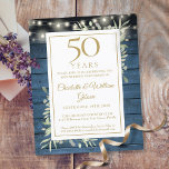 Budget Rustic 50th Anniversary Greenery Invitation<br><div class="desc">Featuring delicate watercolor country garden greenery and pretty string lights on a blue wood panels background,  this chic rustic invitation can be personalised with your special 50 years anniversary celebration information. Designed by Thisisnotme©</div>