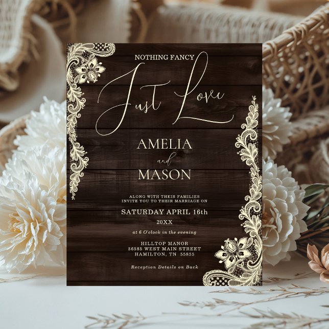 Budget Rustic All in One Wood Wedding Invitation (Budget Rustic All in One Wood  and Lace Nothing Fancy Just Love Wedding Invitation)