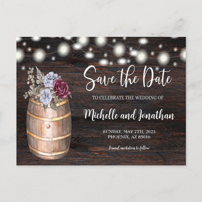 Budget Rustic Barrel Floral Save the Date, Country Announcement Postcard (Front)