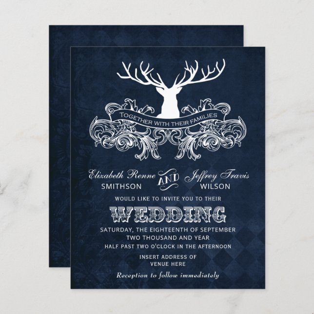 Budget Rustic Blue Antlers Deer Wedding Invitation (Front/Back)