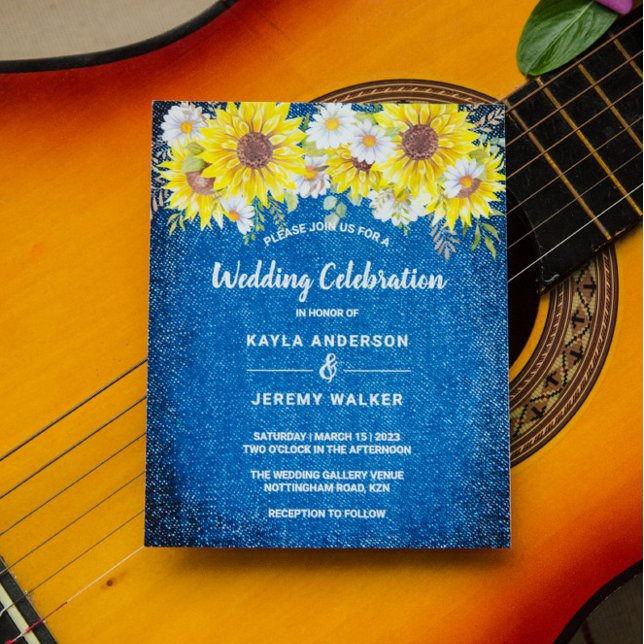 Budget rustic blue sunflowers wedding invite (Creator Uploaded)