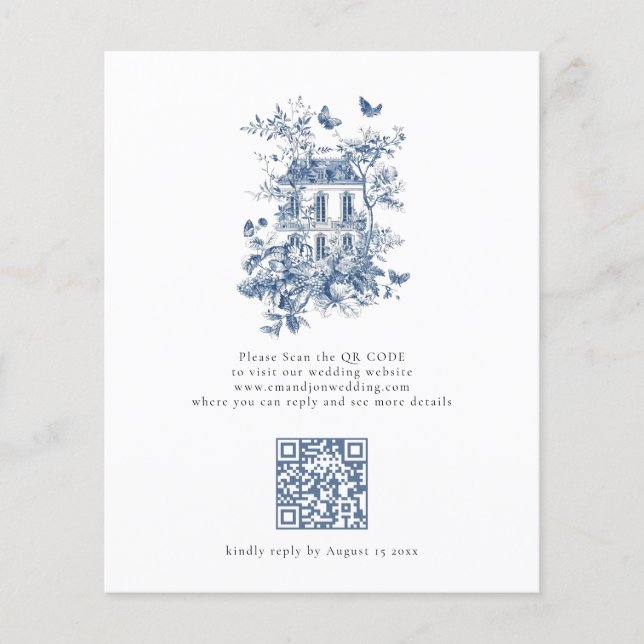 Budget Rustic Blue Toile De Jouy QR Code Wedding (Front)