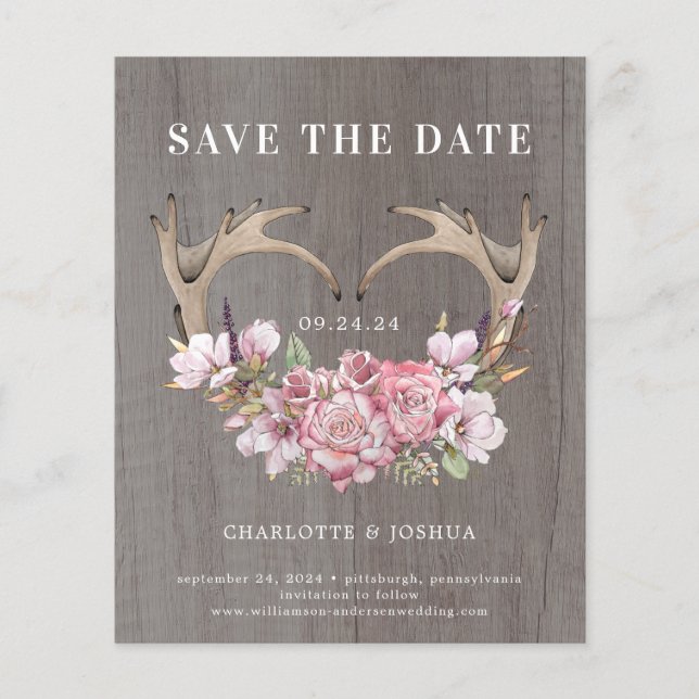 Budget Rustic Boho Floral Antlers Save the Date  (Front)