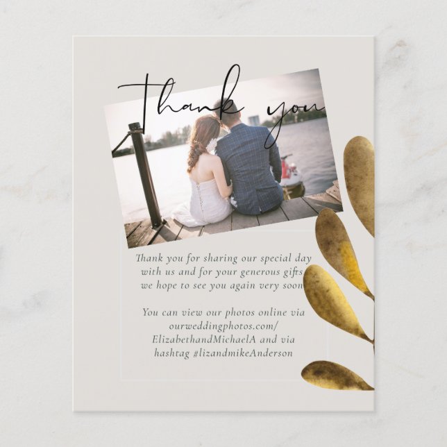 Budget Rustic Bronze Leaf Wedding Photo Thank You (Front)