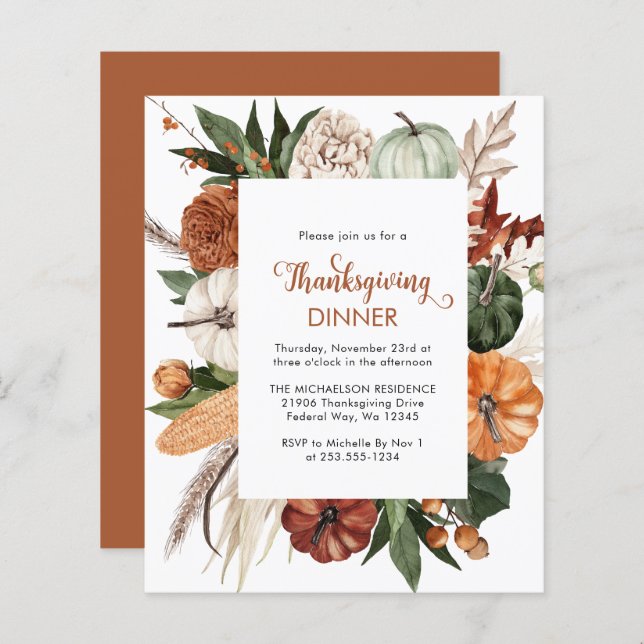Budget Rustic Brown Thanksgiving Dinner Invite (Front/Back)