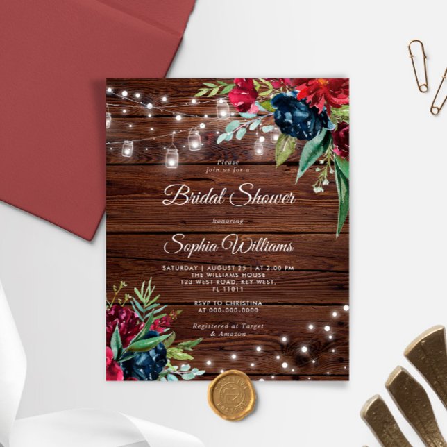 Budget Rustic Burgundy Bridal Shower Invitation (Creator Uploaded)