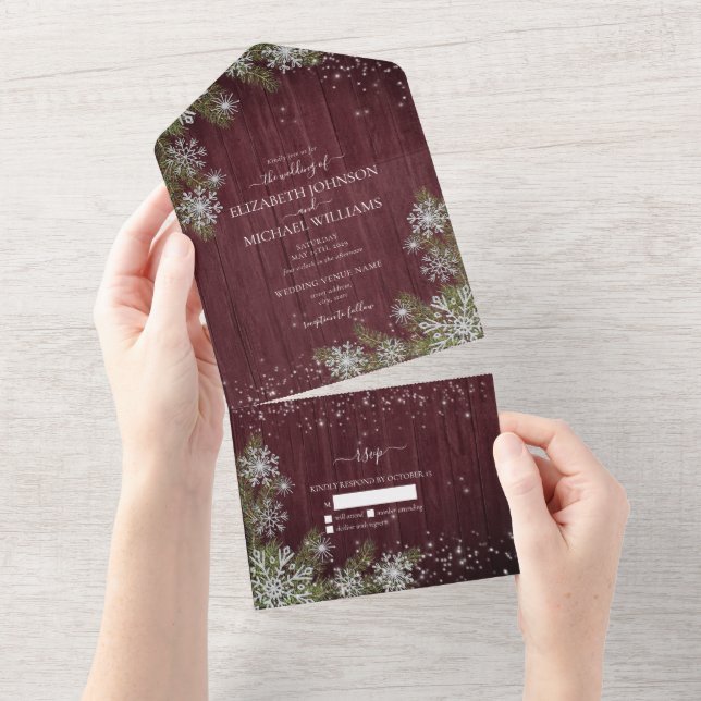 Budget Rustic Burgundy Silver Winter Wood Wedding All In One Invitation (Tearaway)