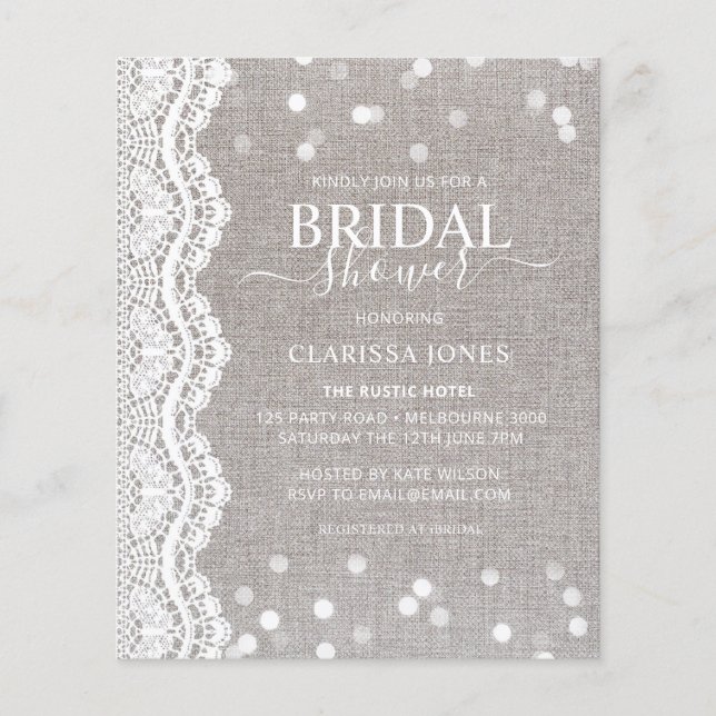 BUDGET Rustic Burlap Lace Bridal Shower Invitation (Front)