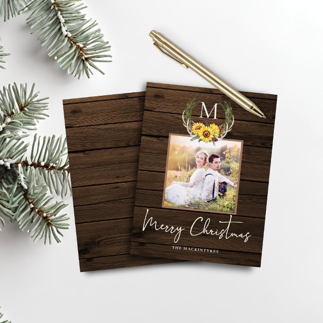 Budget Rustic Christmas Sunflower Monogram Photo (Budget Rustic Christmas Sunflower Monogram Photo Card)