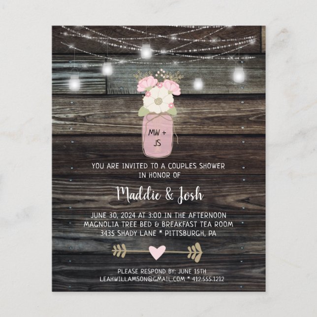 Budget Rustic Couples Shower Mason Jar Invitation  (Front)