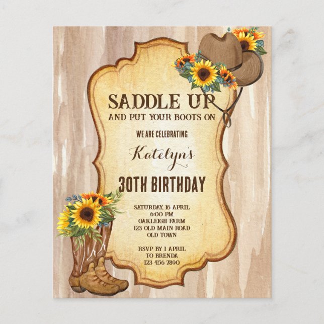 Budget Rustic cowboy boots hat sunflowers invitati (Front)