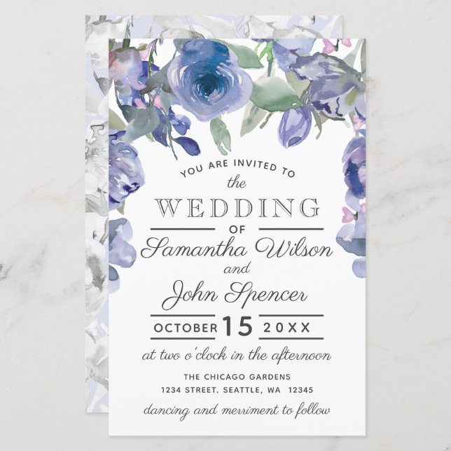 Budget Rustic Dusty Blue Floral Wedding Invitation (Front/Back)
