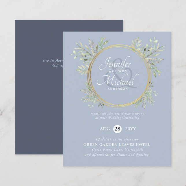 BUDGET Rustic Dusty Blue Floral Wedding Invite (Front/Back)