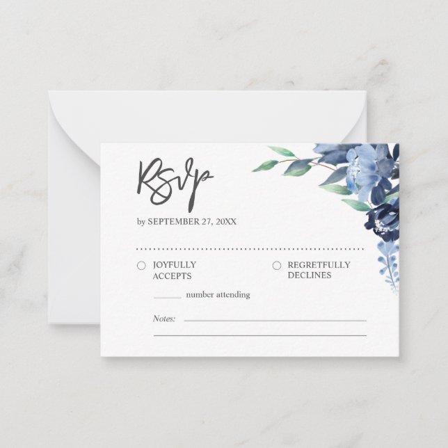 BUDGET Rustic Elegant Dusty Blue Flowers RSVP Card (Front)