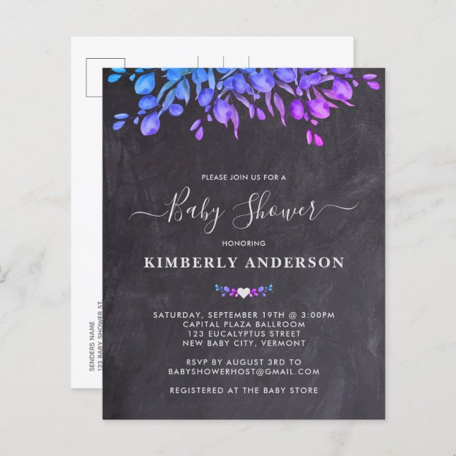 Budget Rustic Eucalyptus Purple Baby Shower Invite (Front/Back)