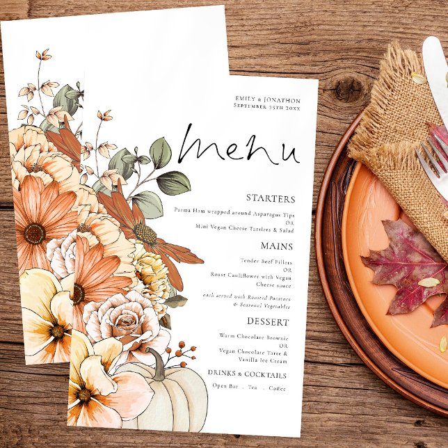 Budget Rustic Fall Florals Pumpkin Wedding Menu (Front and back)