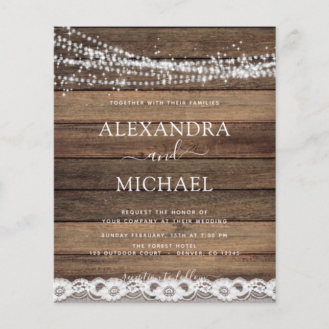 Budget Rustic Farmhouse String Lights Wedding Flyer (Front)