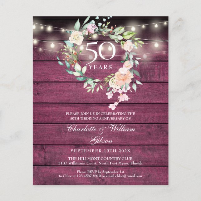 Budget Rustic Floral 50th Anniversary Photo Invite (Front)