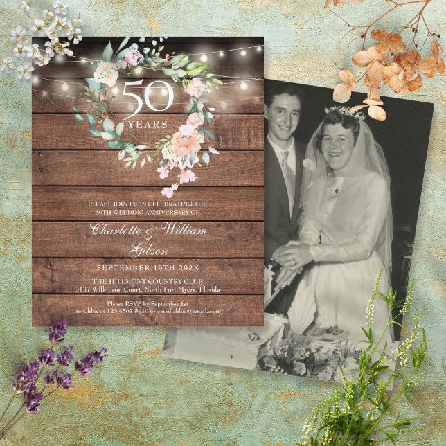 Budget Rustic Floral 50th Anniversary Photo Invite (Creator Uploaded)