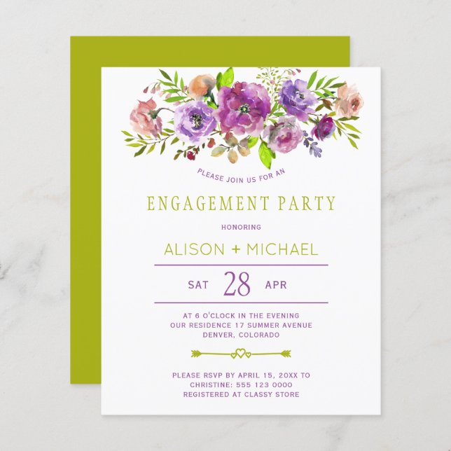 Budget rustic floral engagement party invitation (Front/Back)