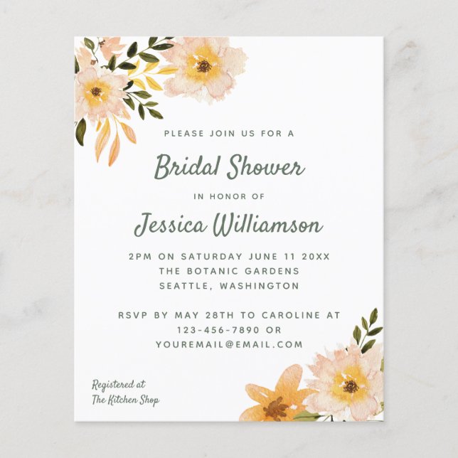 Budget Rustic Floral Peach Bridal Shower Invite (Front)