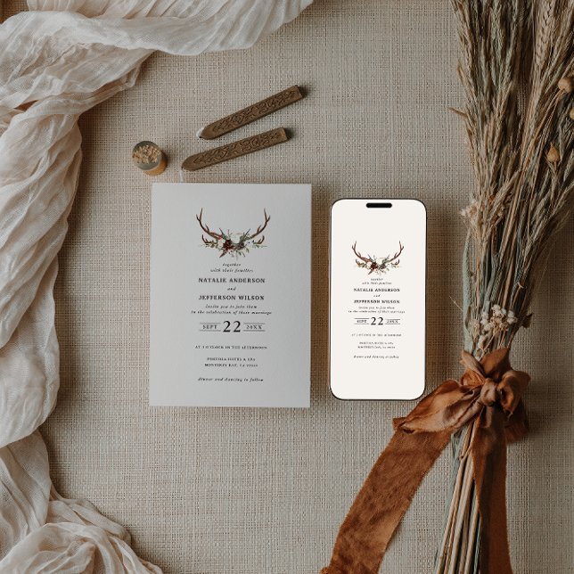 budget Rustic floral stag antlers wedding invite (Creator Uploaded)