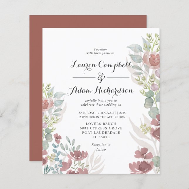 Budget Rustic floral Terracotta Wedding Invitation (Front/Back)